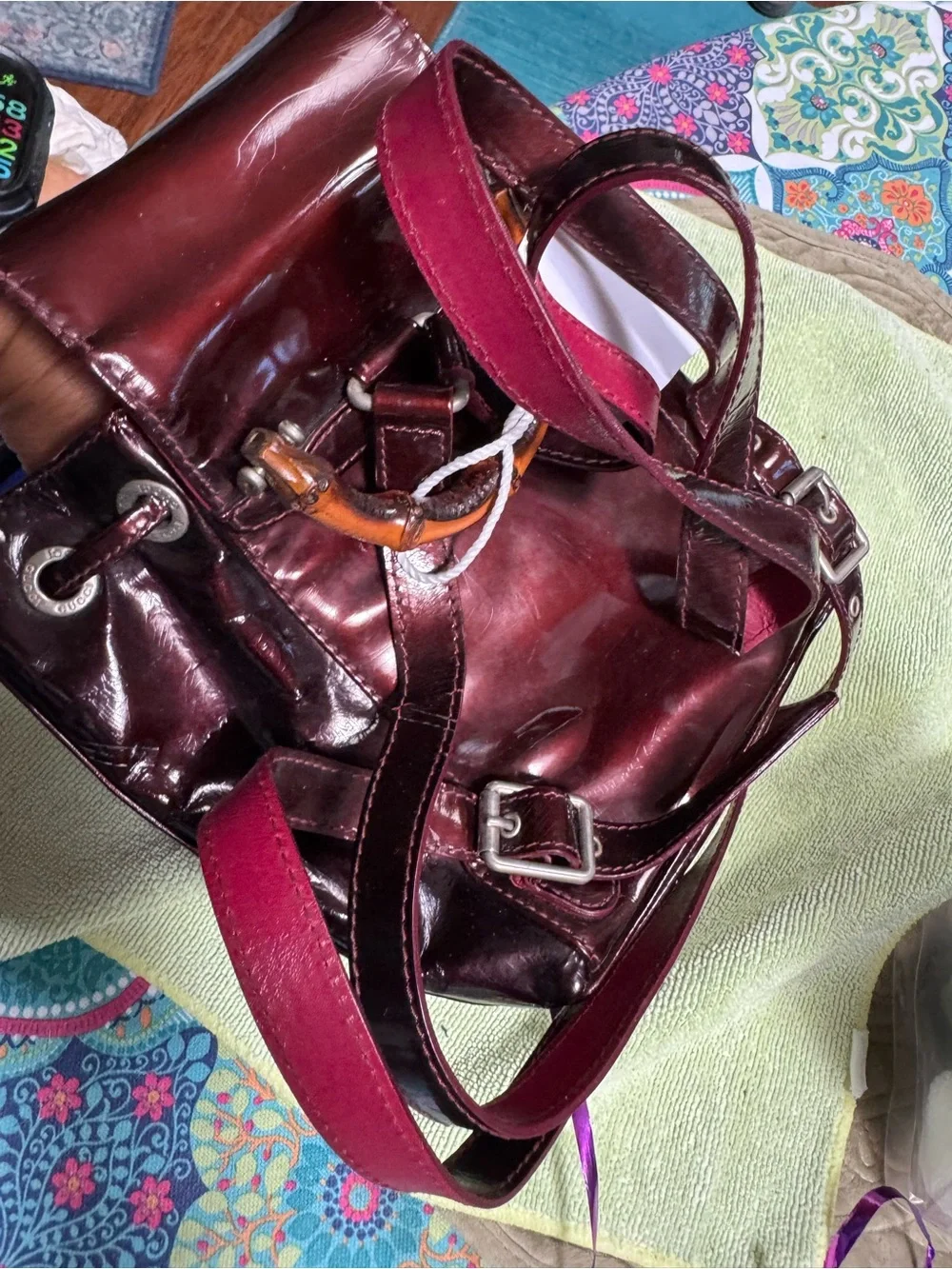 Gucci Burgundy Patent Leather Bamboo Top Handle Backpack